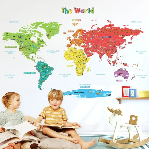 Miniatura 2 de DECOWALL SG-1902s - Calcomanías de pared de mapa del mundo educativo grandes, calcomanías coloridas extraíbles para niños, guardería, dormitorio