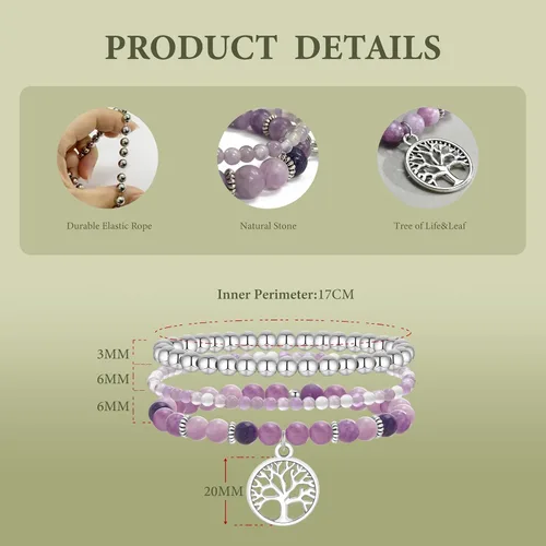 Miniatura 5 de TempBeau Life of Tree Bracelet for Women - Natural Stone Crystal Beaded Girl Stretch, Stackable Silver Chain Strand Set, Boho Bohemian Beach