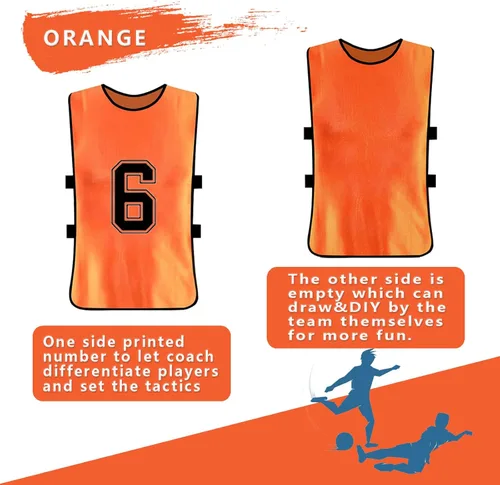 Miniatura 3 de Augctoer Numbered Soccer Pinnies - Chalecos de entrenamiento, baberos de práctica en equipo Scrimmage para adultos y jóvenes, paquete de 6 Naranja
