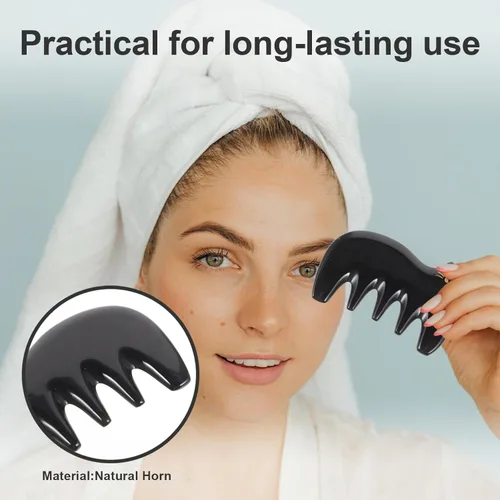 Miniatura 2 de FOMIYES Ox Horn Gua Sha - Peine masajeador de cuero cabelludo – Herramienta de raspado negro de 5 dientes para masaje de cabeza, cuello, hombros
