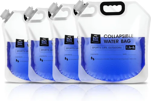 24/7 BAGS Paquete de 4 bolsas plegables para contenedores de agua de 1.3 galones/5 litros, resistente con asas de transporte, caminatas, viajes,