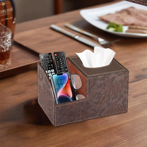 Miniatura 6 de Funda cuadrada de cuero PU para caja de pañuelos – Soporte multifuncional para caja de pañuelos, cubierta de caja de pañuelos con almacenamiento