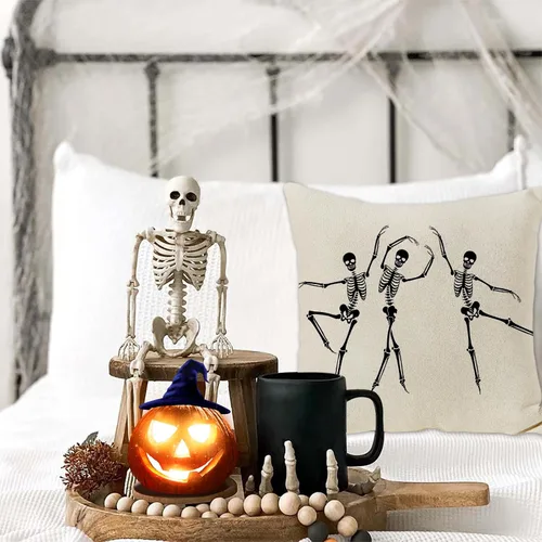Miniatura 3 de JOOCAR Fundas de almohada de calavera de Halloween, diseño de esqueleto, divertida funda de cojín para sofá, decoración del hogar, 16 x 16 pulgadas