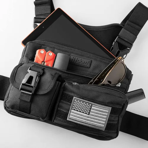 Miniatura 7 de Fitdom Paquete de Pecho Deportivo Utilitario Inspirado en Táctica. Bolsa de Pecho Para Hombres Con Soporte Para Teléfono Incorporado. Este Chaleco
