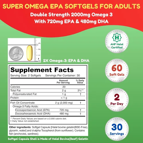 Miniatura 2 de SHIFAA NUTRITION Cápsulas blandas de aceite de pescado Halal, 60 unidades, doble fuerza, suplementos de aceite de pescado Halal Omega 3. Atrapado