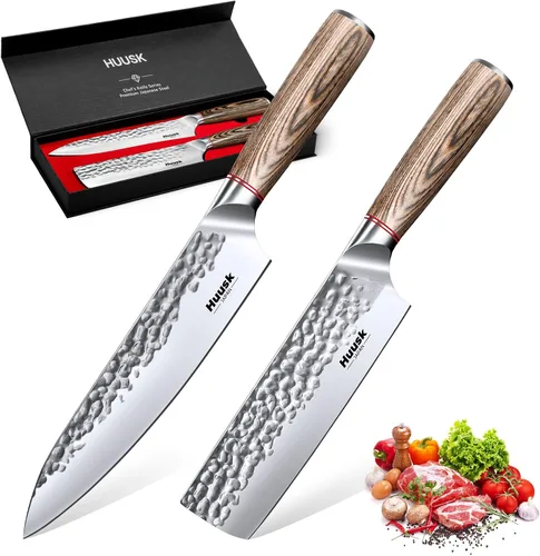 Huusk Juego de cuchillos de cocina japonés - Juego de 2 piezas de cuchillos de chef profesionales para cocina, cuchillo Nakiri forjado a mano para