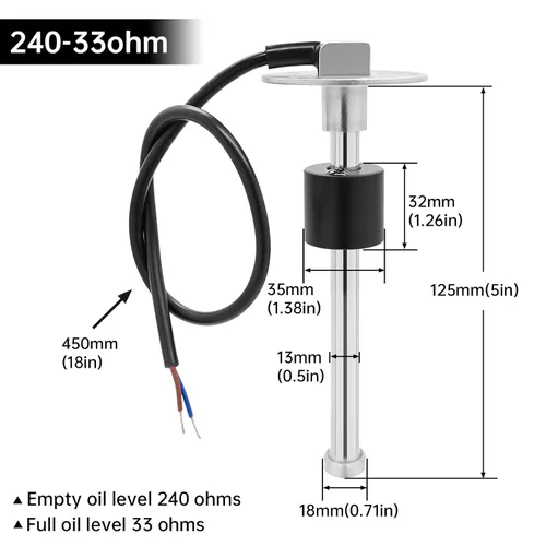 ARTILAURA Kit de Unidad de Envío de Combustible y Medidor, 240-33ohms 5" (125mm) Emisor de Tanque de Combustible Marino para Barco Sensor de Gas de