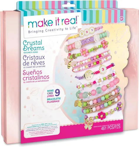 Make It Real: Crystal Dreams Nature Song - Crea 9 pulseras de dijes únicos, 461 piezas, verde, rosa y morado, todo en uno, kit de joyería de