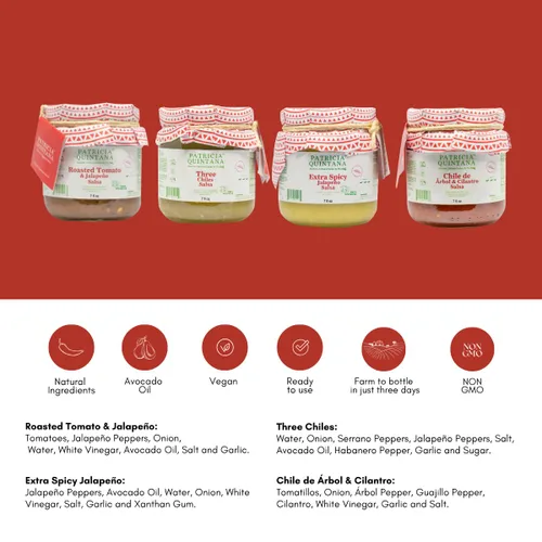 Miniatura 3 de Patricia Quintana Auténtico paquete de muestras de salsa mexicana – Disfruta de tomate asado y salsa jalapeño, salsa jalapeño extra picante, salsa