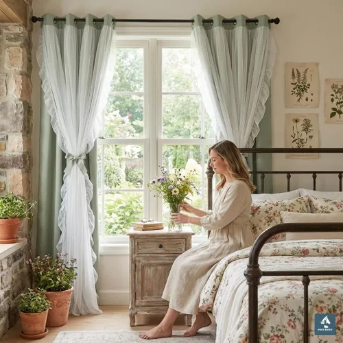 Miniatura 18 de PONY DANCE Cortinas con Volantes de Doble Capa con Superposición Transparente, Decoración Elegante para Ventanas de Diseño Rústico Francés de Campo