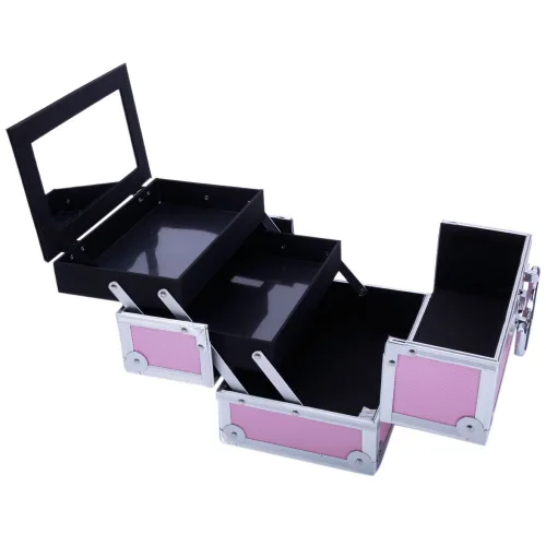 Miniatura 3 de Estuche de tren de maquillaje portátil profesional, estuche de aluminio para maquillaje, joyero, organizador de almacenamiento de cosméticos con Rosa