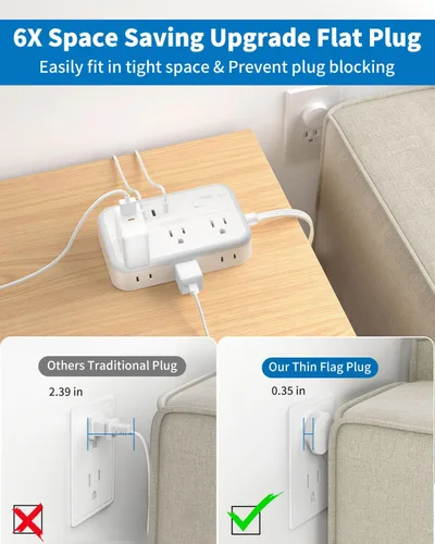 Miniatura 4 de Regleta de alimentación NTONPOWER con cable de extensión plano de 25 pies, con 6 salidas y 4 puertos USB (2 USB C), enchufe plano, múltiples Blanco