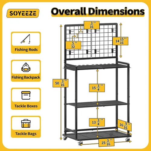 Miniatura 2 de SOYEEZE Soportes para cañas de pescar de gran tamaño para garaje, estante para cañas de pescar de servicio pesado de 3 niveles con tablero perforado