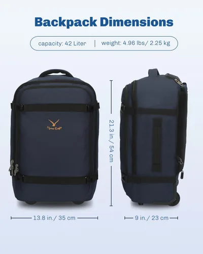 Miniatura 8 de Hynes Eagle Mochila rodante de 42 L con ruedas, mochila de viaje aprobada para vuelos, equipaje de mano, mochila de equipaje, Azul oscuro, Mochilas