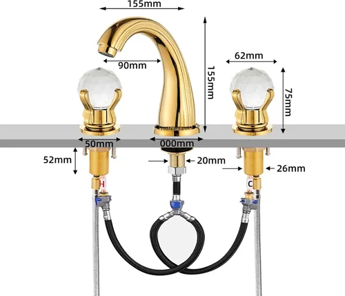 Miniatura 5 de Grifo de lavabo de baño de 3 agujeros montado en la cubierta de latón generalizado grifo de baño manija de cristal grifo mezclador oro Ti-PVD