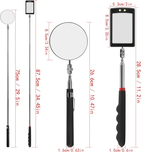Miniatura 3 de Espejo de inspección telescópico giratorio de 360 grados – Espejo mecánico de coche en un palo con luces y herramienta mecánica extensible