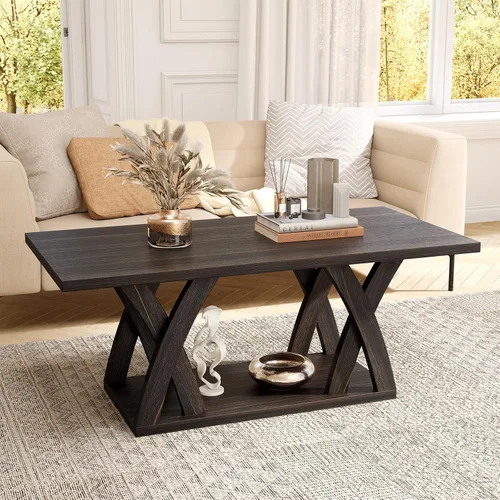 Miniatura 9 de FROMJBEST - Mesa de café de estilo rústico con estante, mesa de café moderna, mesa de café negra para sala de estar, mesas de sala de estar, 47" Gris