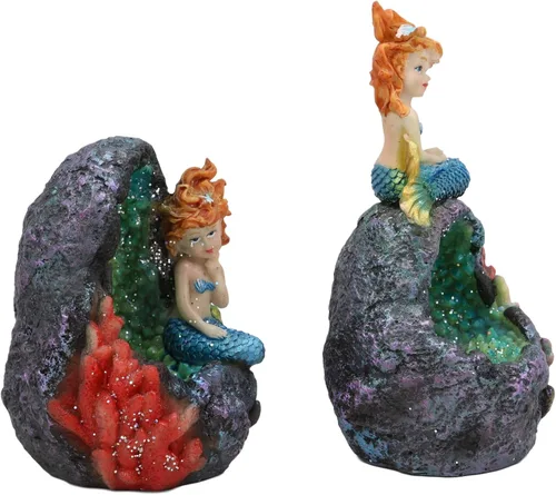 Miniatura 4 de Ebros - Juego de 2 sirenas de fantasía para decoración del hogar (cola azul), diseño de sirenas de cristal de geoda, diseño de corales bajo el mar