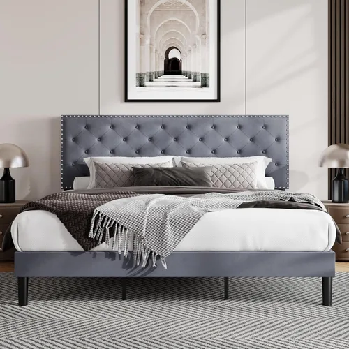 Miniatura 7 de Allewie Base de cama tapizada de terciopelo tamaño King con botón de diamante ajustable y cabecera con ribete de clavos, soporte de listones de Gris