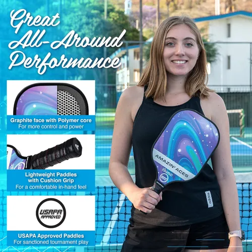 Miniatura 3 de Amazin' Aces Juego de paletas de pickleball de grafito, individuales, 2 o 4 palas, núcleo de polímero de panal con cómodo agarre acolchado