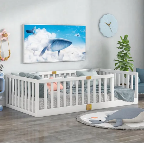 Miniatura 13 de Tatub Cama Montessori de suelo individual con rieles altos, marco de cama Montessori de madera maciza para niños, la puerta se puede instalar a Gris