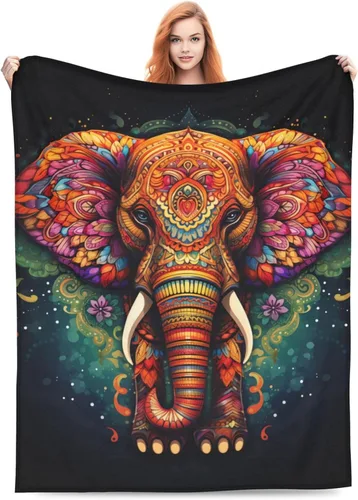 Manta con diseño de mandala y elefante, regalos para mujeres adultas, manta de franela india colorida, suave y esponjosa, ligera para decoración del