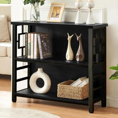 HOMISSUE Estantería para libros, estantería profunda de 3 niveles con almacenamiento, estantería de madera de ingeniería y metal, estantería baja y