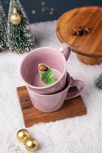 Miniatura 4 de DIHOclub Taza de Cerámica de Mariquita con Animal 3D Oculto en el Interior, Serie Jardín Tazas Figuritas Hechas a Mano 12OZ (Rosa Púrpura)