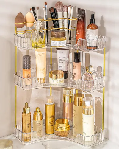 Miniatura 8 de NATURE'S SOURCE Organizador de maquillaje para tocador, organizador de baño de esquina de 2 niveles con soporte para brochas de maquillaje