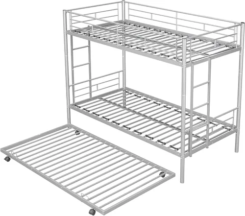 Miniatura 6 de EMKK Litera de metal individual sobre cama individual con nido para 3 niños/adultos, litera convertible con 2 escaleras laterales y barandilla