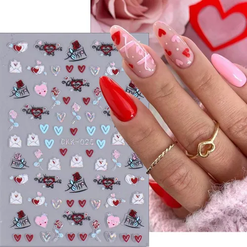 Miniatura 2 de 8 hojas de calcomanías de arte de uñas para el día de San Valentín, autoadhesivas, 3D, color plateado, rosa, rojo, labios, letras de corazón, diseño