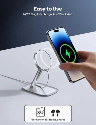 Miniatura 3 de Lamicall Soporte de teléfono para cargador MagSafe de 15 W de Apple, doble bisagra, plegable, ajustable, soporte de carga para mesita de noche, apto