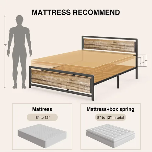 Miniatura 2 de Gizoon Cama de plataforma de metal Queen con cabecera de madera, listones de hierro de 15 pulgadas, gran almacenamiento debajo de la cama, sin Gris