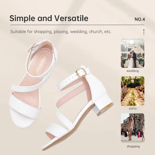 Miniatura 6 de LAURMOSA Sandalias para niñas, tacones para niños, puntera abierta, correa al tobillo, zapatos de vestir, flores para boda, fiesta para niños