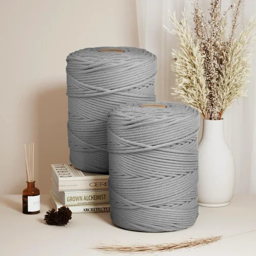Miniatura 4 de ZUEXT - Cordón de algodón de macramé de 0.197 in x 328 yardas, cuerda trenzada natural hecha a mano gris claro, 4 hebras de cuerda de punto