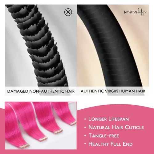 Miniatura 3 de Wennalife - Extensiones de cabello humano con cinta, 10 unidades, 25g, 14 pulgadas, cinta invisible Remy lacio color rosa intenso, juego de relleno