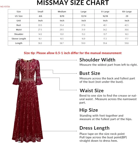 Miniatura 6 de MISSMAY - Vestido largo formal con mangas de campana, hecho totalmente en encaje, estilo vintage, para mujer