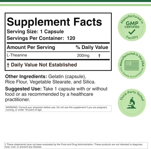 Miniatura 3 de L-Teanina 200mg de Doble Fuerza - Apoya la Respuesta de Sueño Saludable y Relajación - 120 Cápsulas (Probado por Terceros, Sin Gluten, Vegano)
