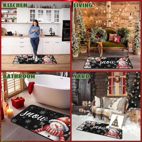 Miniatura 5 de Juego de 2 alfombras y tapetes de cocina navideños de muñeco de nieve negro y copo de nieve, decoración del hogar de invierno, tapete de piso