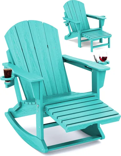 Mecedora Adirondack de KINGYES con Otomana Retráctil y Portavasos, Silla Reclinable de Patio de HDPE Adirondack para Porche, Patio, Balcón, Azul Aqua