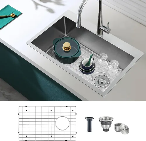Miniatura 16 de Fregadero de barra empotrable de 13 × 15 pulgadas negro - Fregadero de cocina pequeño de montaje superior de un solo cuenco, hecho a mano de acero