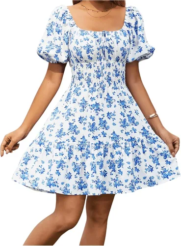 Miniatura 4 de Floerns Vestido bohemio de manga corta abombada con cuello cuadrado y lazo frontal para mujer