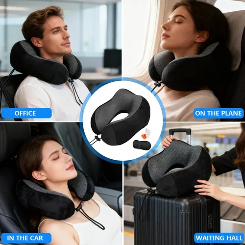 Miniatura 4 de Almohada de avión, almohada de cuello de viaje con espuma viscoelástica, hebilla ajustable y funda lavable a máquina para soporte de cuello en Negro