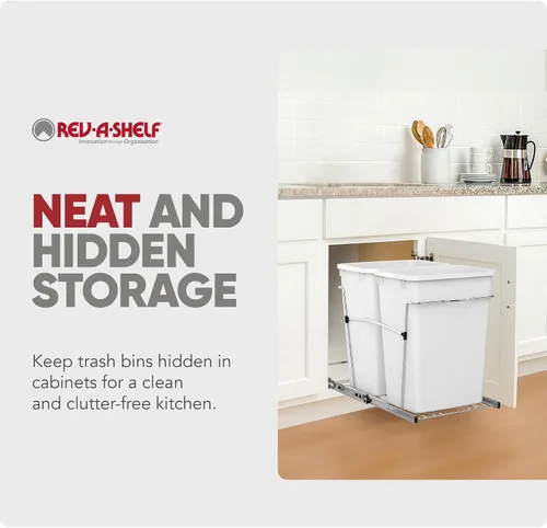 Miniatura 5 de Rev-A-Shelf Bote de basura doble extraíble de 35 cuartos de galón para gabinetes de cocina base, sistema de cubo de basura con toboganes de Blanco