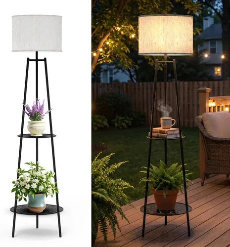 Miniatura 16 de MXwcy Lámpara de pie solar con soportes para plantas, luces solares para exteriores con bombillas LED Edison vintage, luces de jardín resistentes a