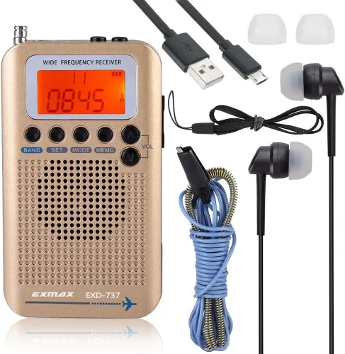 EXMAX EXD-737 Receptor de radio de onda corta de frecuencia de banda completa Banda de aire portátil de mano para aviones Altavoz de alarma digital