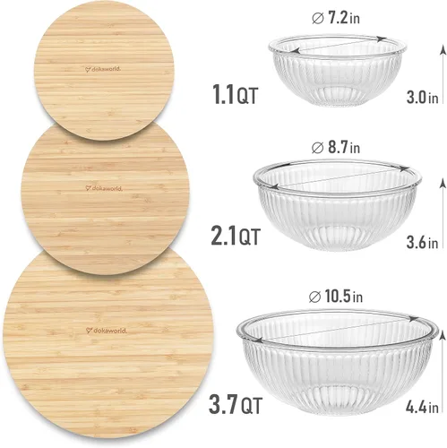 Miniatura 2 de Juego apilable de ahorro de espacio de 3 cuencos de vidrio con tapas de bambú para preparación de alimentos, almacenamiento, mezcla y cocina - Apto