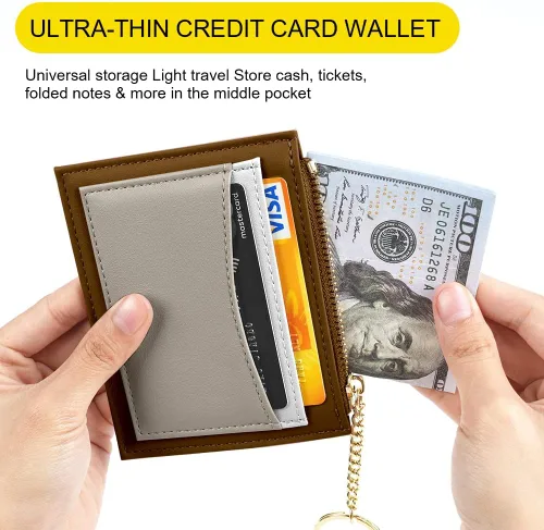 Miniatura 50 de URAQT Cartera para tarjetas de crédito, cartera minimalista de cuero delgado con cremallera, mini protector de tarjeta de crédito, llavero bolsillo
