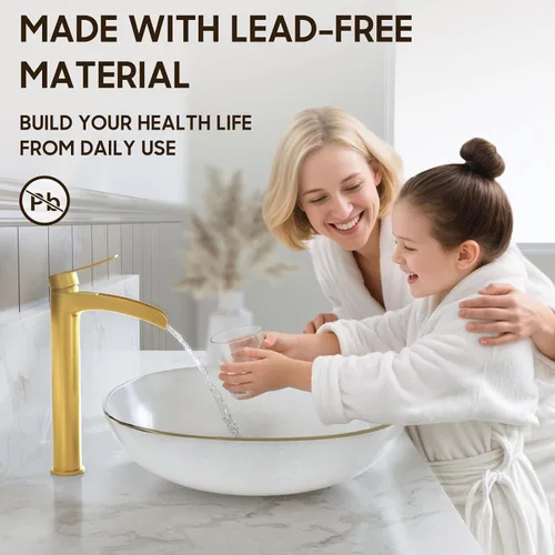 Miniatura 3 de Phiestina NS-SF01-BG-V - Grifo de fregadero alto de baño de oro cepillado, llave única de un solo agujero, cascada moderna, con drenaje desplegable