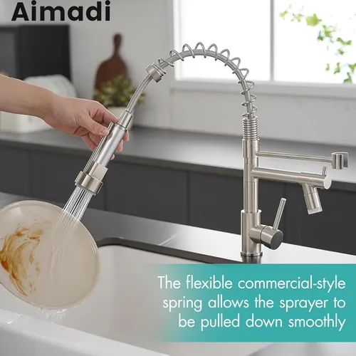 Miniatura 2 de AIMADI Grifo de Cocina Comercial con Rociador, Grifo de Fregadero de Cocina con Rociador Extraíble de Una Sola Manija con Luz LED de Dos Salidas